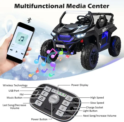 Miniatura 5 de HONEY JOY Auto de 2 plazas, 12 V, batería de 12 V, con control remoto, suspensión de resorte, velocidad alta/baja, almacenamiento, música, USB, Negro