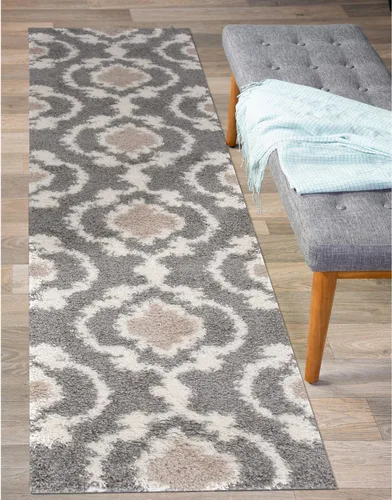 Miniatura 6 de Alfombra de área peluda para interior, cómoda, estilo entretejido marroquí, Polipropileno, Gris/Crema