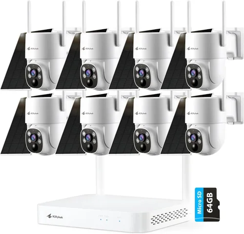 Kittyhok Sistema de cámara de seguridad solar inalámbrica | 8 cámaras de seguridad solar para exteriores 2K Ultr Pan Tilt con detección humana, foco