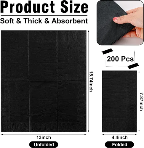 Miniatura 3 de Kisston 200 servilletas de papel negras desechables de lino suaves y absorbentes, toallas de mano desechables de tela para cocina, baño, boda