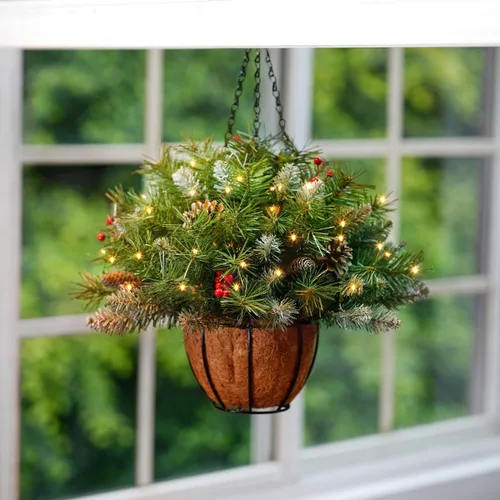 Miniatura 3 de ANOTHERME Canasta Colgante de Navidad Artificial Pre-Iluminada de 18 pulgadas, Pre-iluminada con 30 Luces LED Operadas por Batería, Decoración