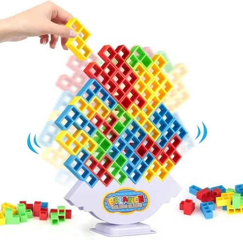 Juego de torre apilable de 64 piezas con 22 cartas, juego gigante de equilibrio de caída para niños, juegos familiares para niños y adultos, regalos