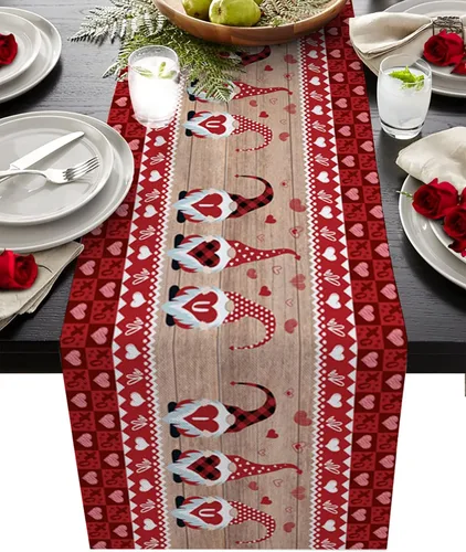 Camino de mesa de lino y algodón para el día de San Valentín, bufandas vintage en forma de corazón, lindos gnomos I Love U para mesa de comedor,