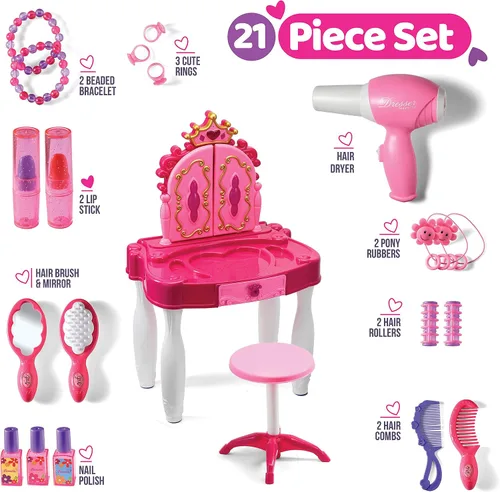 Miniatura 4 de Play22 Juego de tocador para niñas con espejo y taburete, 21 piezas, juego de mesa de maquillaje para niños con luces y sonidos, incluye accesorios