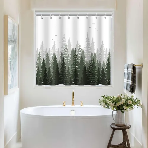 Miniatura 2 de Cortina de Ducha y Ventana, Cortina Verde y Gris de Bosque Pequeña y Corta Impermeable para Baño con Ganchos, 30x36 Pulgadas