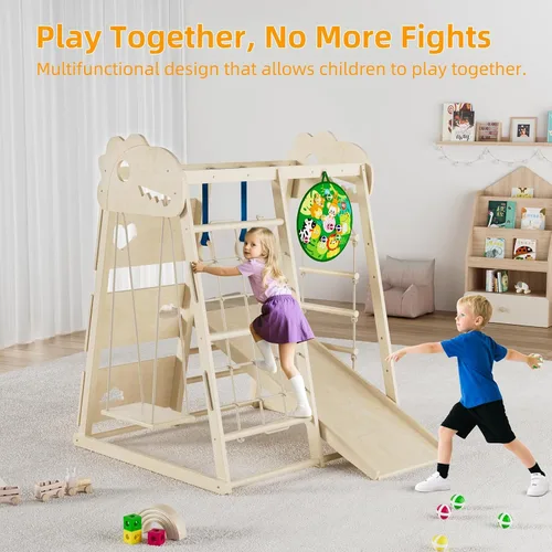 Miniatura 4 de Zona de juegos interior 8 en 1, gimnasio interior de la selva para niños, juguetes de escalada Montessori de madera con anillos, tobogán, escalera