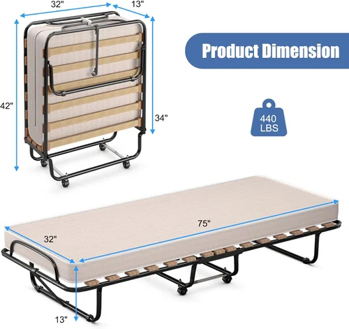 Miniatura 3 de Cama plegable con colchón de 3 pulgadas, juego de cama portátil individual pequeño con marco de cama de metal, cuna plegable con colchón de espuma