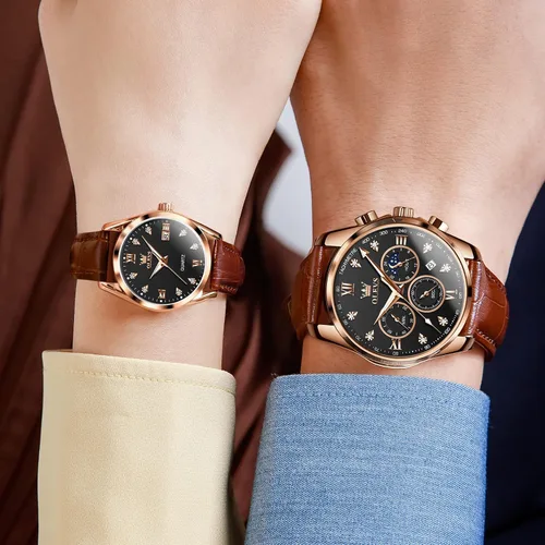 Miniatura 18 de OLEVS Juego de 2 relojes de cuarzo para parejas de San Valentín, para él y ella, cronógrafo de cuero, con diamantes para hombres, mujeres, amantes