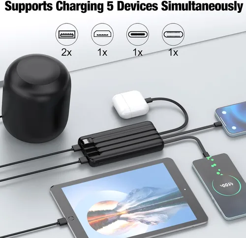 Miniatura 3 de Cargador portátil con cables integrados, batería de alta velocidad de 10000 mAh, paquete de batería de viaje, 5 salidas, 3 entradas, cargador