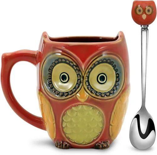 SQOWL Taza de café 3D bonita taza de búho de cerámica con cuchara Tazas de té para mujeres y niñas 12 oz rojo