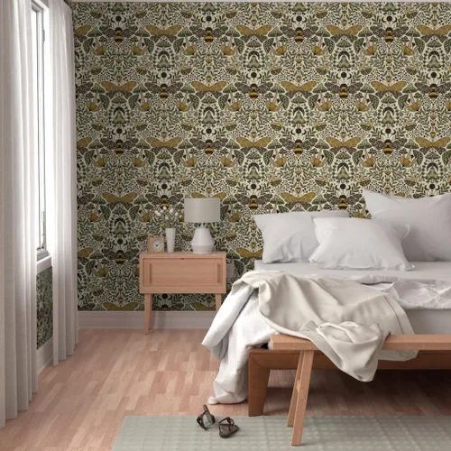 Miniatura 5 de Muestras de papel tapiz autoadhesivo - Nouveau Naturaleza Verde Amarillo Mariposa Naturaleza Bosque Plantas Art Nouveau Polilla Bohemia Abeja