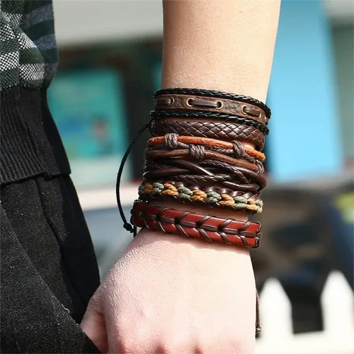 Miniatura 2 de Juego de joyas de oro rosa, pulsera de cuero, joyería tejida a mano, pulseras trenzadas de múltiples capas (negro, talla única)