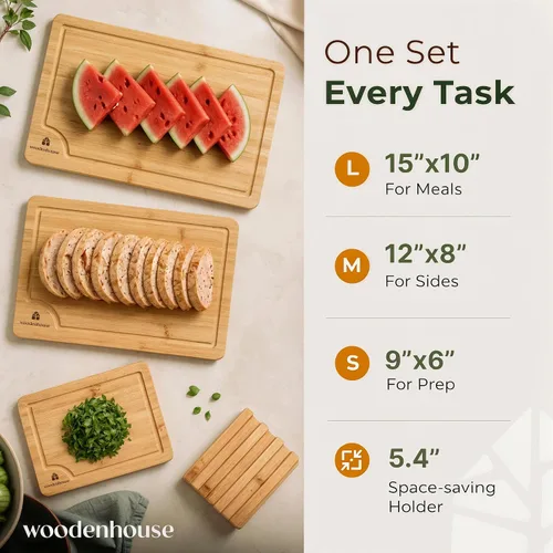 Miniatura 2 de Juego de 3 tablas de cortar de bambú con soporte, tablas de madera duraderas para cocina, cortar y servir, ecológicas por Woodenhouse