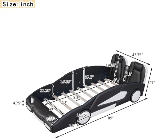 Miniatura 2 de SOFTSEA Cama de auto de carreras de tamaño individual, marco de cama con ruedas en forma de automóvil, marco de cama con barandilla y cabecera