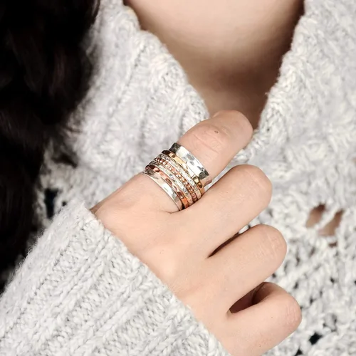Miniatura 5 de Boho-Magic Anillo giratorio para mujer, plata de ley 925 con bandas de cobre y latón anchas, Metal