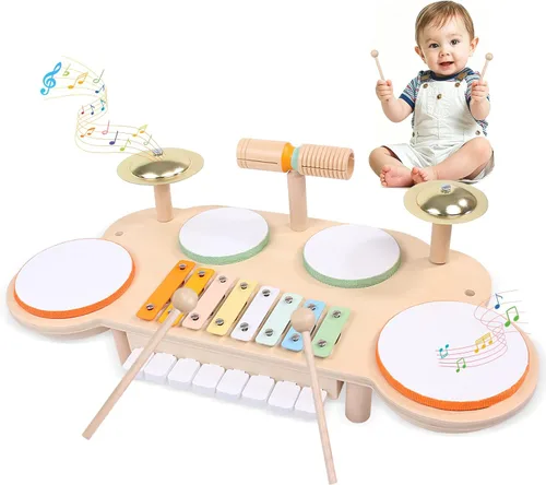 Juego de batería para niños pequeños, instrumentos musicales de madera para bebés de 1 a 3 años, juego de mesa de actividades musicales con piano