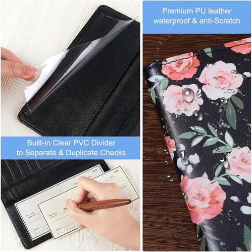 Miniatura 3 de Funda para chequera personal, cartera RFID con soporte para bolígrafo y divisor de plástico transparente integrado para cheques duplicados, Flor