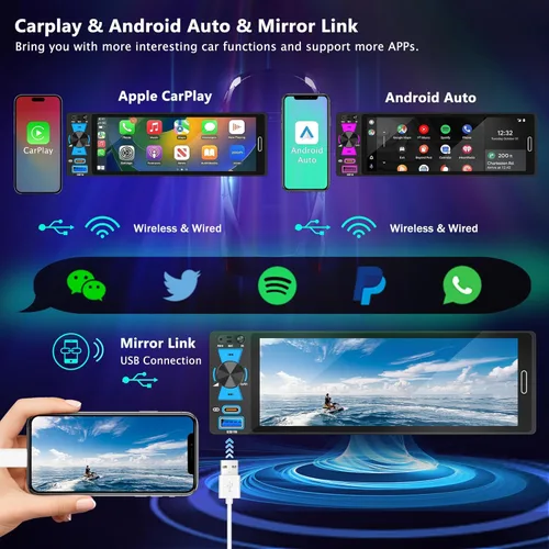 Miniatura 2 de Radio de pantalla táctil DIN simple de 6.5 pulgadas con Apple CarPlay inalámbrico y Android Auto, FM/AM, estéreo para automóvil con Bluetooth 5.2