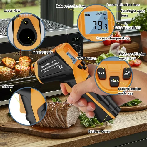 Miniatura 6 de Termómetro infrarrojo láser pistola de temperatura -58℉ a 1112℉, con calibración Cal y emisividad ajustable, medida mínima y máxima, para cocinar
