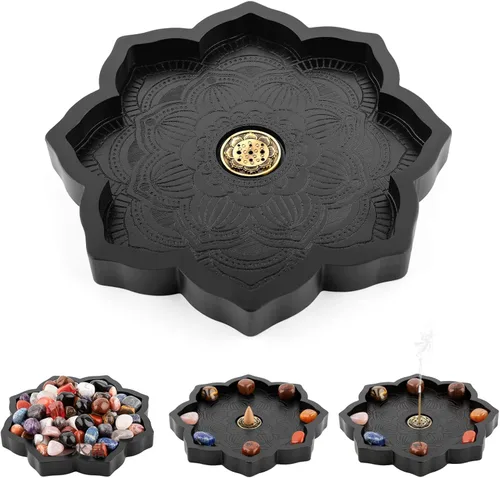 Mooncraftlogy Bandeja de cristal Lotus, quemador de incienso de madera para palo/cono, soporte para exhibición de piedras preciosas, organizador