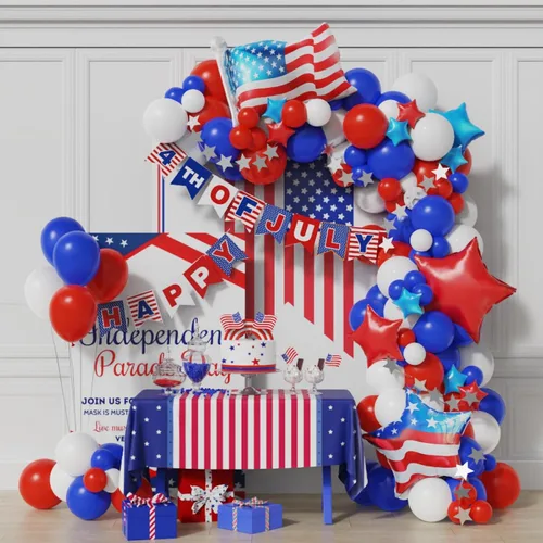 Miniatura 4 de Kit de arco de guirnalda de globos del 4 de julio, 100 globos azul marino, rojo y blanco con pancarta de papel para suministros de fiesta patriótica