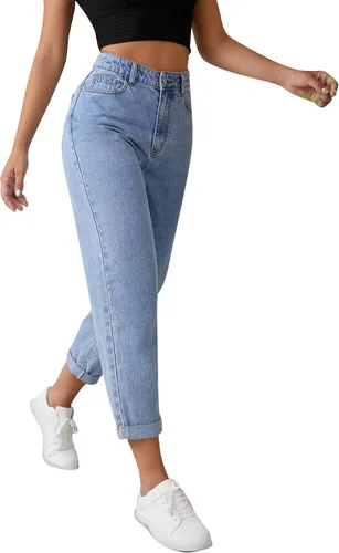 Miniatura 5 de SweatyRocks Pantalones de mezclilla de cintura alta enrollables y cónicos para mujer