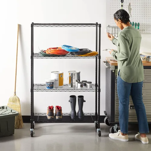 Miniatura 2 de Amazon Basics Estantería de almacenamiento ajustable de 4 estantes, resistente, sobre ruedas giratorias de 3 pulgadas, estante de alambre Negro