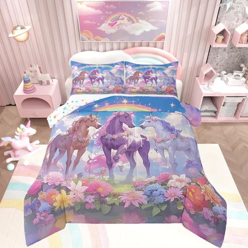 Miniatura 34 de Castle Fairy Juego de edredón de unicornio tamaño individual, reversible, lindo unicornio, arcoíris, caricatura, caballos, animales, para niños