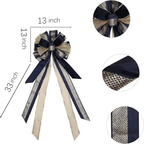 Miniatura 3 de Adorno de Lazo Azul Dorado para la Punta del Árbol de Navidad - 33 x 13 Pulgadas Lazo de Regalo Grande Hecho a Mano Decoración para Coronas