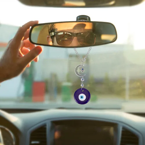 Miniatura 6 de Adorno colgante azul para coche con ojo malvado, dijes de cuentas con ojo malvado con adorno colgante de luna para coche, atrapasueños, regalo