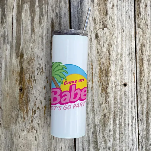 Miniatura 8 de Come On Babe Let's Go Party – Personalizar con nombre – Vaso de viaje de acero inoxidable blanco de 20 onzas con popote – Aislamiento al vacío