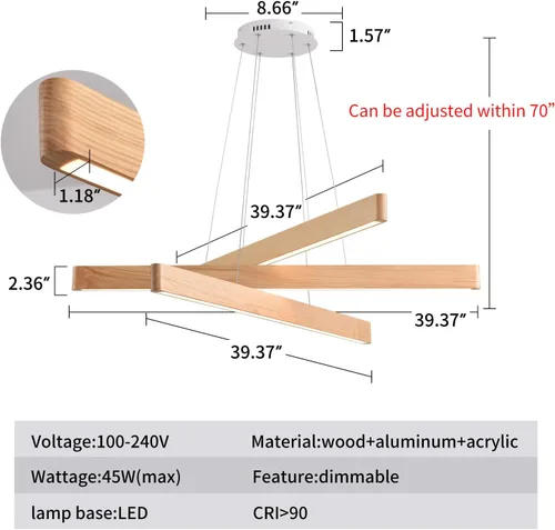 Miniatura 2 de Lámpara colgante lineal natural de madera maciza de 3 luces, moderna lámpara colgante LED regulable, candelabro para mesa de comedor, isla