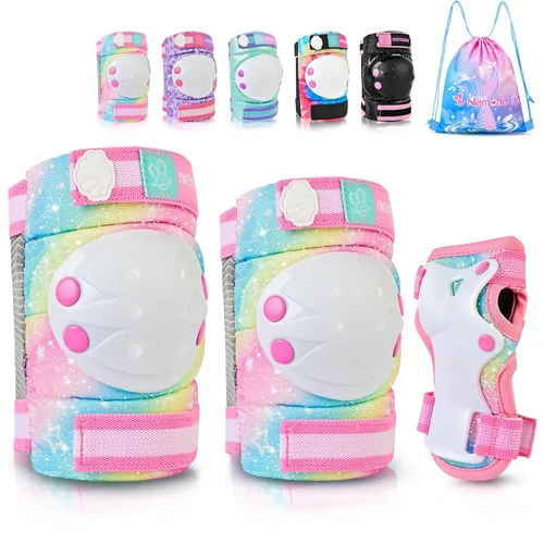 NEMONE Rodilleras para niños, niñas, coderas, muñequeras con bolsa de cordón, juego de equipo de protección reflectante ajustable para patinaje,