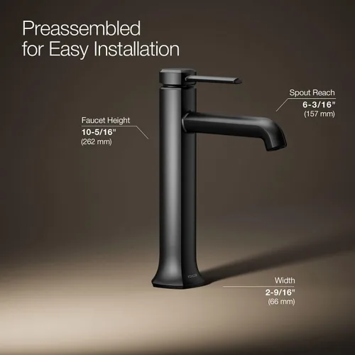 Miniatura 4 de KOHLER 27003-4K-BL - Grifo de baño alto de un solo mango con montaje de drenaje emergente, grifo de lavabo de baño de un agujero, 1.0 gpm, negro