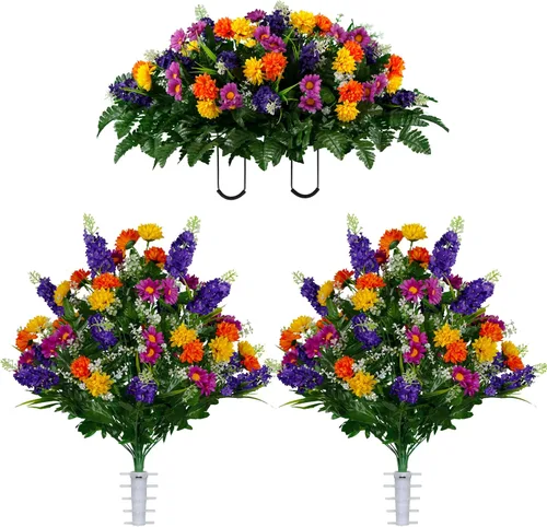 Miniatura 14 de Sympathy Silks Flores artificiales para cementerios – Decoraciones para tumbas - 1 ramo de flores silvestres de violeta púrpura y naranja, 1 montura
