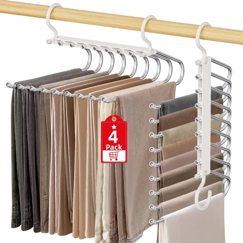 Miniatura 17 de Perchas para pantalones de 9 niveles que ahorran espacio, paquete de 2 organizadores multifuncionales de acero inoxidable para armario para Blanco