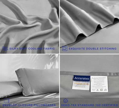 Miniatura 4 de ACCURATEX Sábanas refrescantes tamaño matrimonial: viscosa hecha de bambú, juego de sábanas frescas y sedosas para cama de tamaño matrimonial, Gris