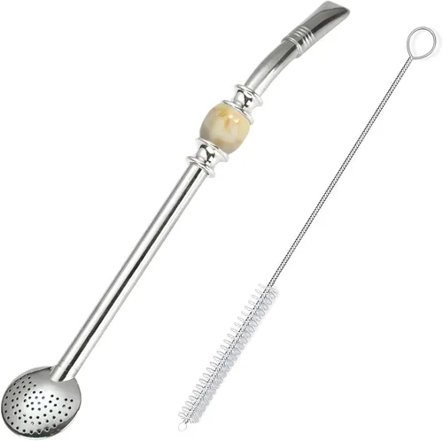 Bombilla reutilizable Yerba Mate - Filtro de acero inoxidable extraíble estilo cuchara con una hermosa cuenta, popote de metal para beber té de