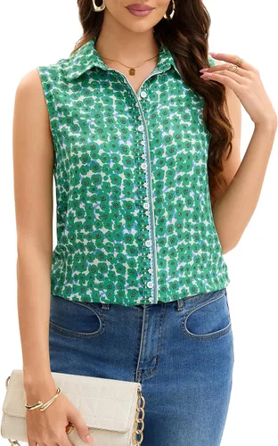 Miniatura 27 de JTD Camisas sin mangas con botones para mujer, tops casuales con cuello, camiseta sin mangas con cuello en V, blusas de verano para trabajo