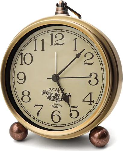 Maxspace Reloj de mesa de metal dorado, retro vintage sin tictac, pequeño reloj despertador, funciona con pilas, movimiento de cuarzo silencioso de