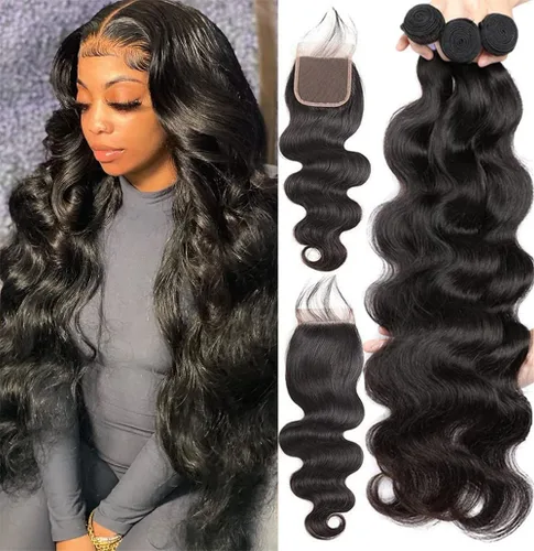 Miniatura 17 de Paquetes de Ondas Corporales con Cierre para Mujeres Negras (10 12 14+10) 100% Cabello Humano Brasileño de Ondas Corporales Sin Procesar 3 Paquetes