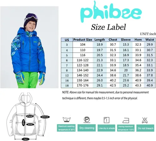 Miniatura 4 de PHIBEE Chaqueta de esquí impermeable transpirable para niños grandes