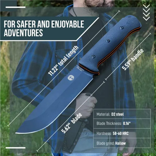 Miniatura 4 de Holtzman's Gorilla Survival Bushwhacker Cuchillo de hoja fija con arrancador de fuego, raspador G10 y Paracord (negro) - Ideal para acampar y Negro