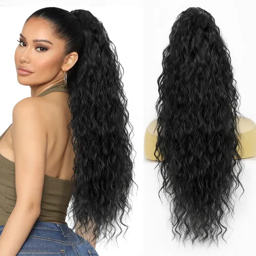 Miniatura 11 de Extensión de cola de caballo con cordón, extensión de cola de caballo larga y rizada para mujeres negras, extensiones de cabello negro de 26