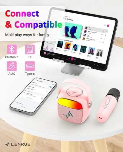 Miniatura 5 de LENRUE Máquina de karaoke para niños, regalos de cumpleaños para niñas, niños y adolescentes con micrófono inalámbrico, luces de colores, regalos