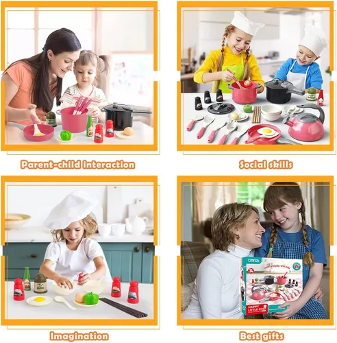 Miniatura 8 de Bruvoalon Juego de 32 juguetes de cocina para niños, accesorios de cocina con ollas, sartenes, utensilios de cocina, alimentos, verduras enlatadas