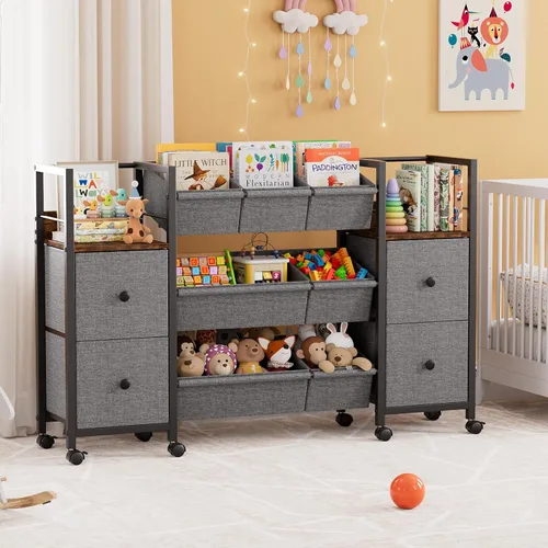 Miniatura 5 de Organizadores de juguetes y contenedores de almacenamiento para niños, 7 contenedores de almacenamiento + 4 cajones de tela + 2 estanterías