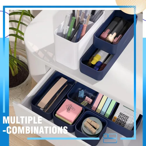 Miniatura 8 de Juego de organizador de cajones apilables de 11 piezas, bandejas organizadoras de cajones de escritorio de varios tamaños, contenedores