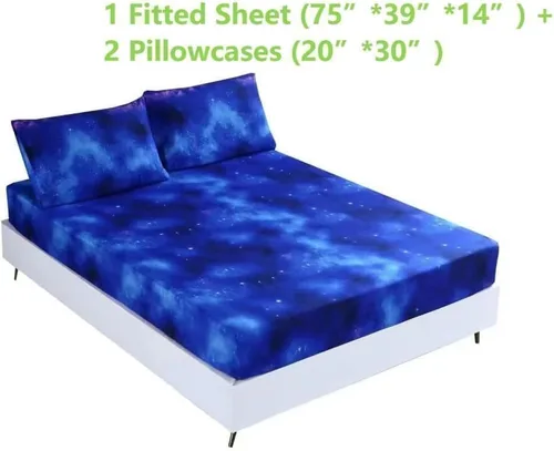 Miniatura 2 de SDIII Juego de sábanas ajustadas azules de 3 piezas tamaño individual, ropa de cama en una bolsa, ropa de cama Galaxy tamaño individual ajustada