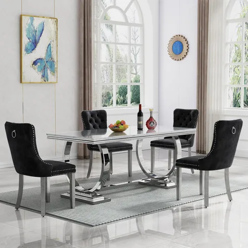 Miniatura 26 de HomVent Juego de mesa de comedor moderna de mármol sintético para 4 personas, mesa de cocina rectangular con 4 sillas beige (dorado)